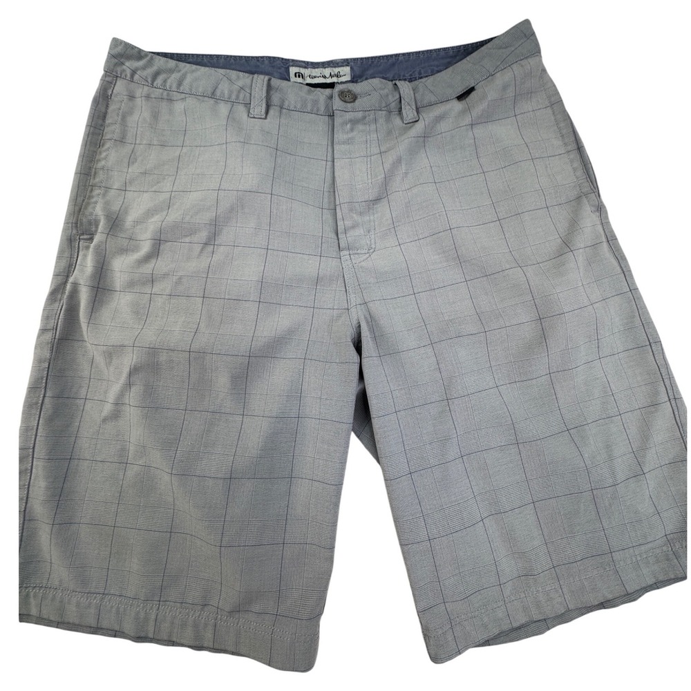 TravisMathew Grey Plaid Golf Shorts Mens 36 Performance Stretch Flat Front